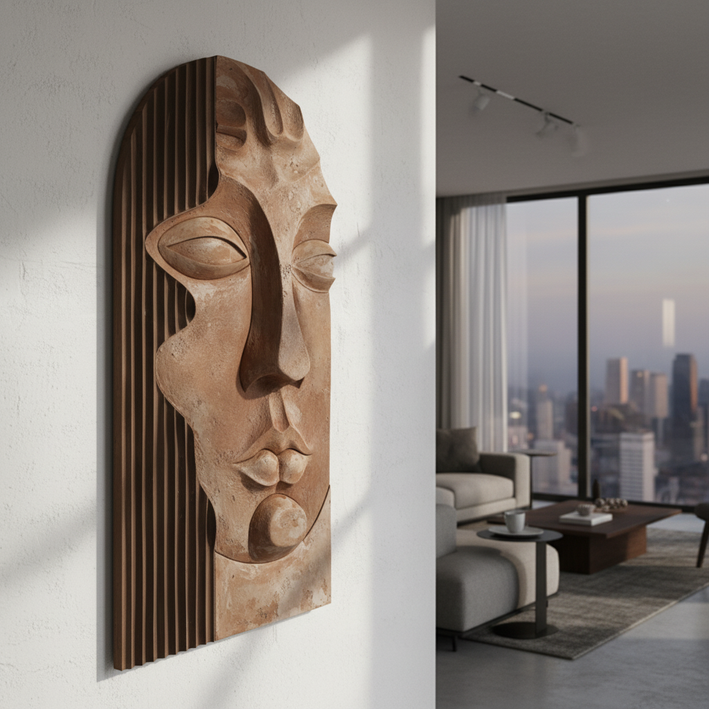 Terracotta Goddess Face Arch 3D Wall Art Ancient Boho Carved