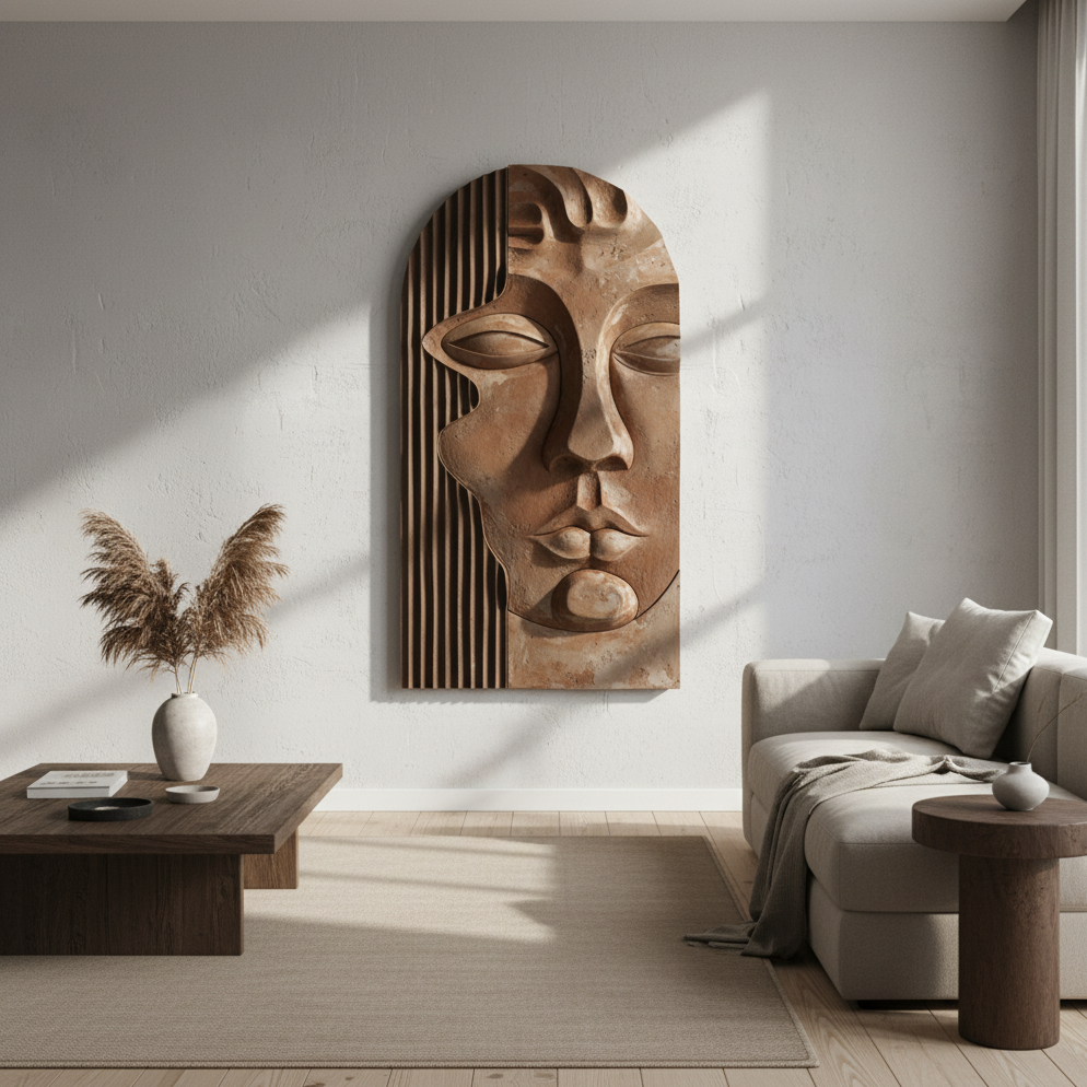 Terracotta Goddess Face Arch 3D Wall Art Ancient Boho Carved