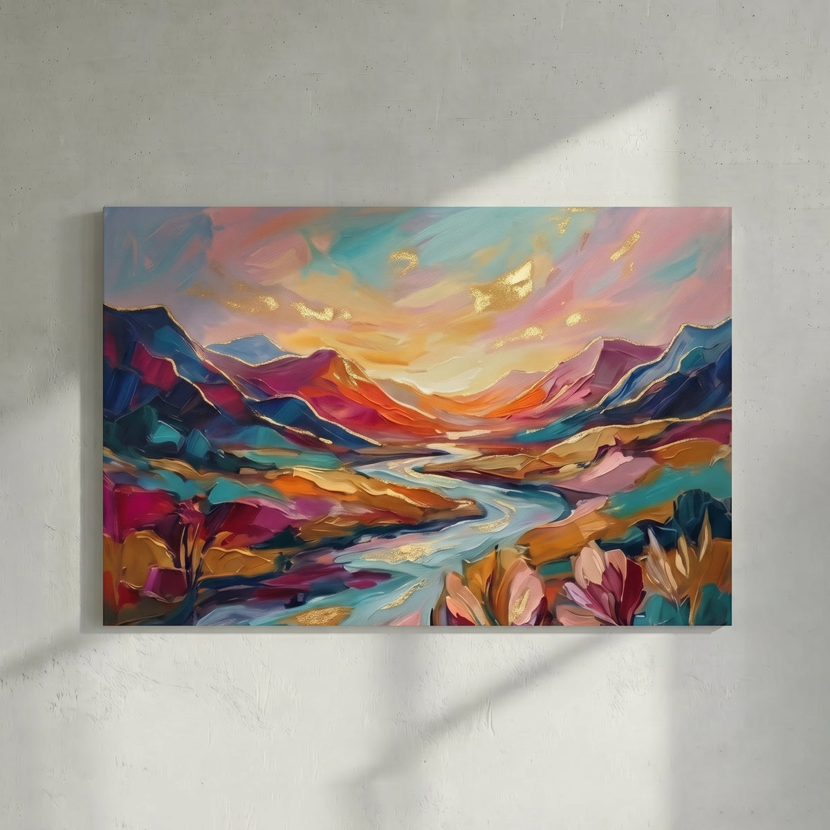 Bold Colorful Mountain River Valley Painting