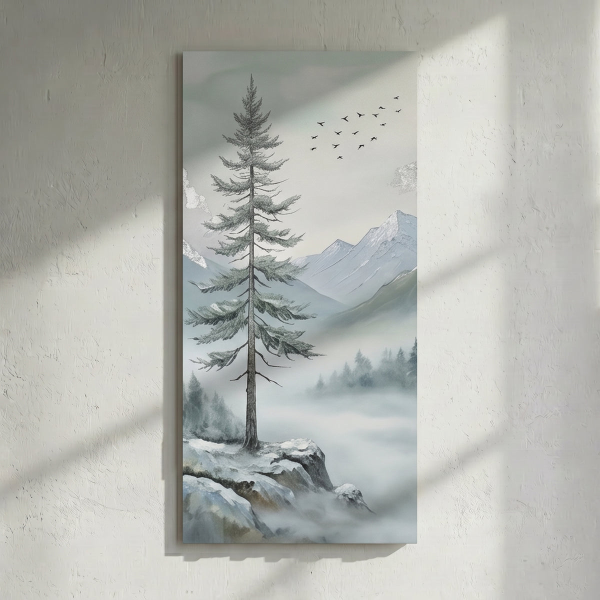 Tall Fir Tree Snowy Mountain Painting