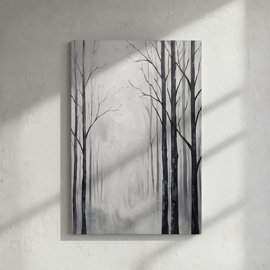 Black White Bare Tree Mist Forest Painting