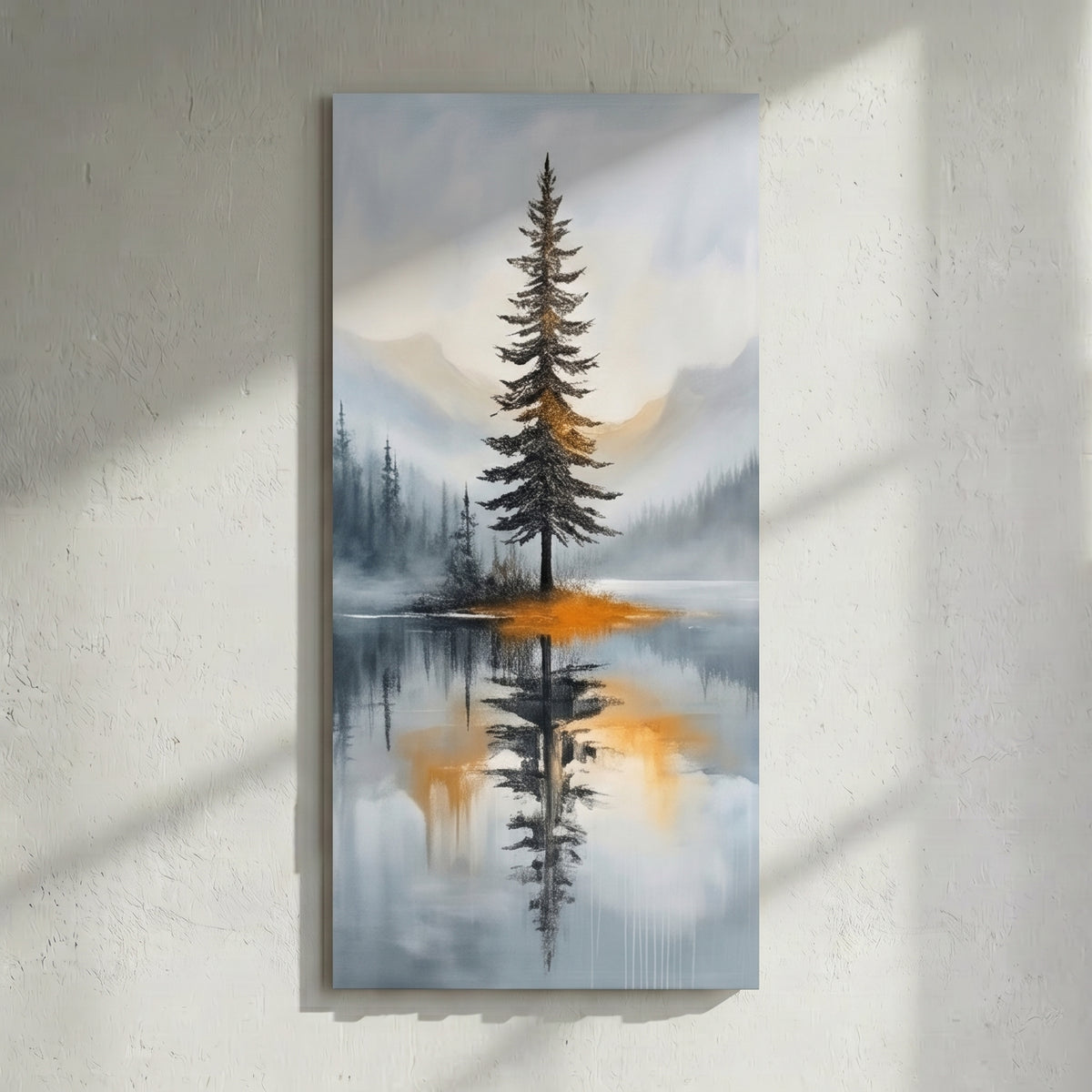 Pine Tree Gold Lake Reflection Painting