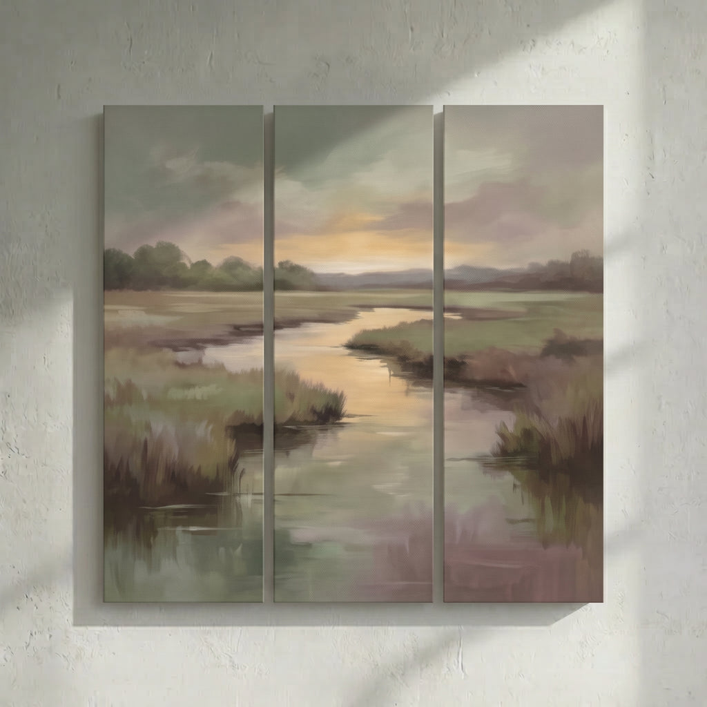 Marshland Meadow River Sunset Painting