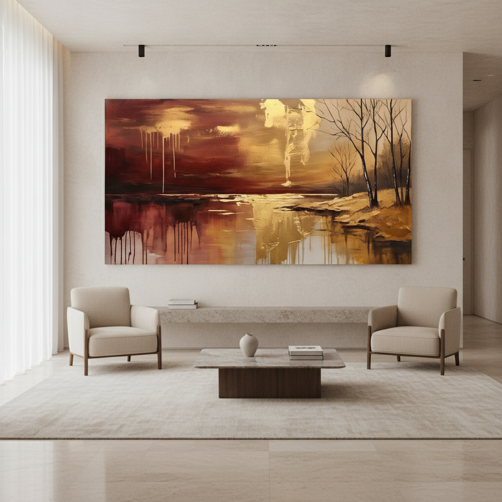 Crimson Gold River Drip Painting