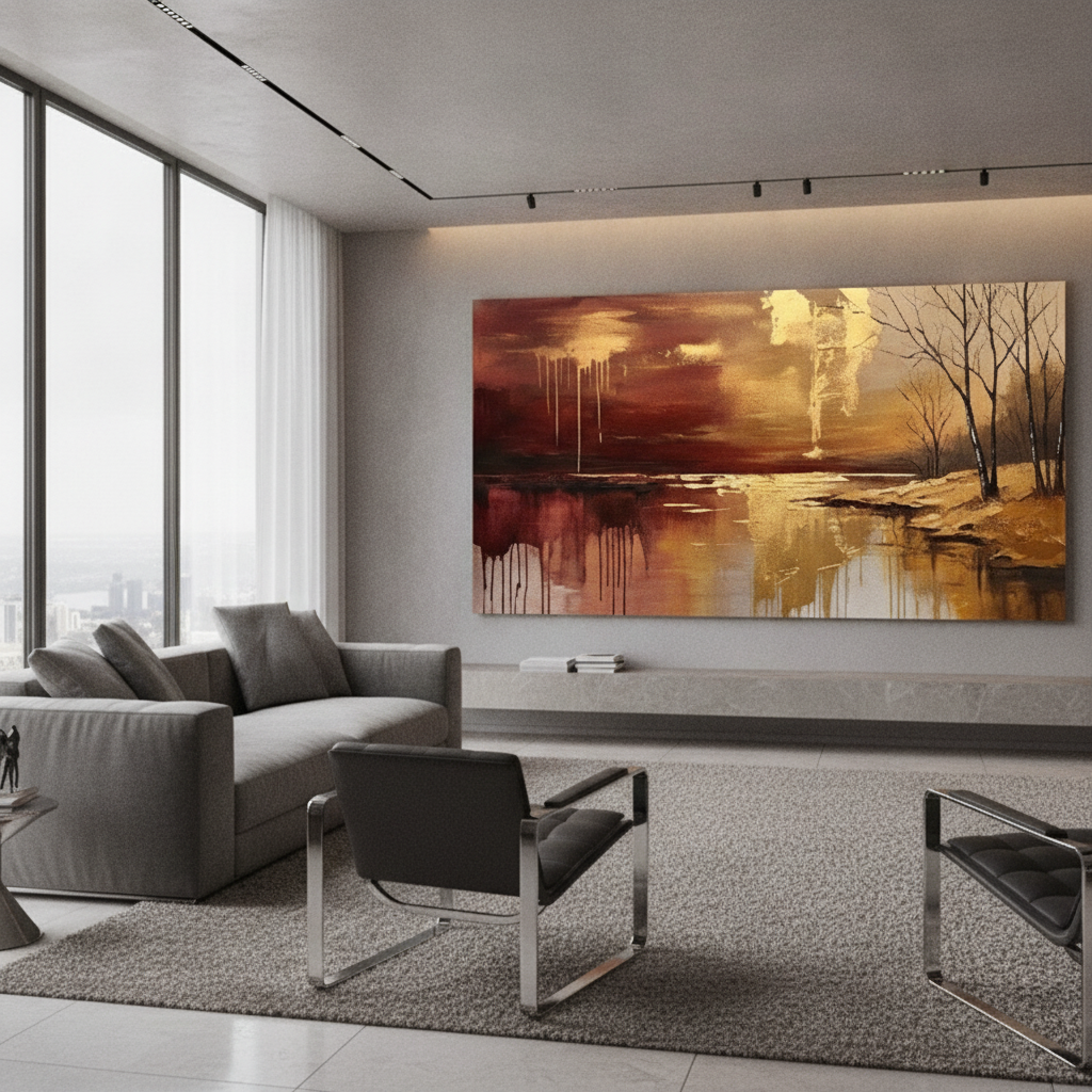 Crimson Gold River Drip Painting