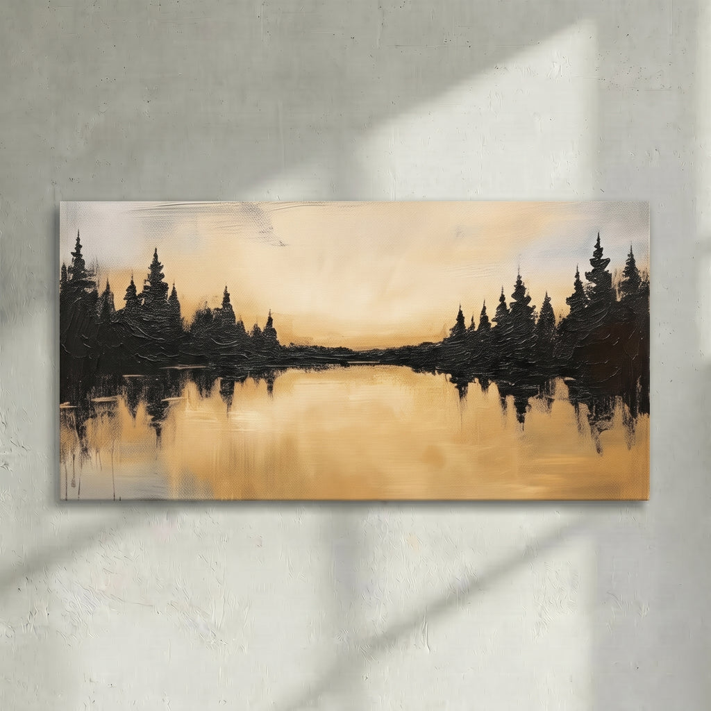 Black Gold Pine Lake Reflection Painting
