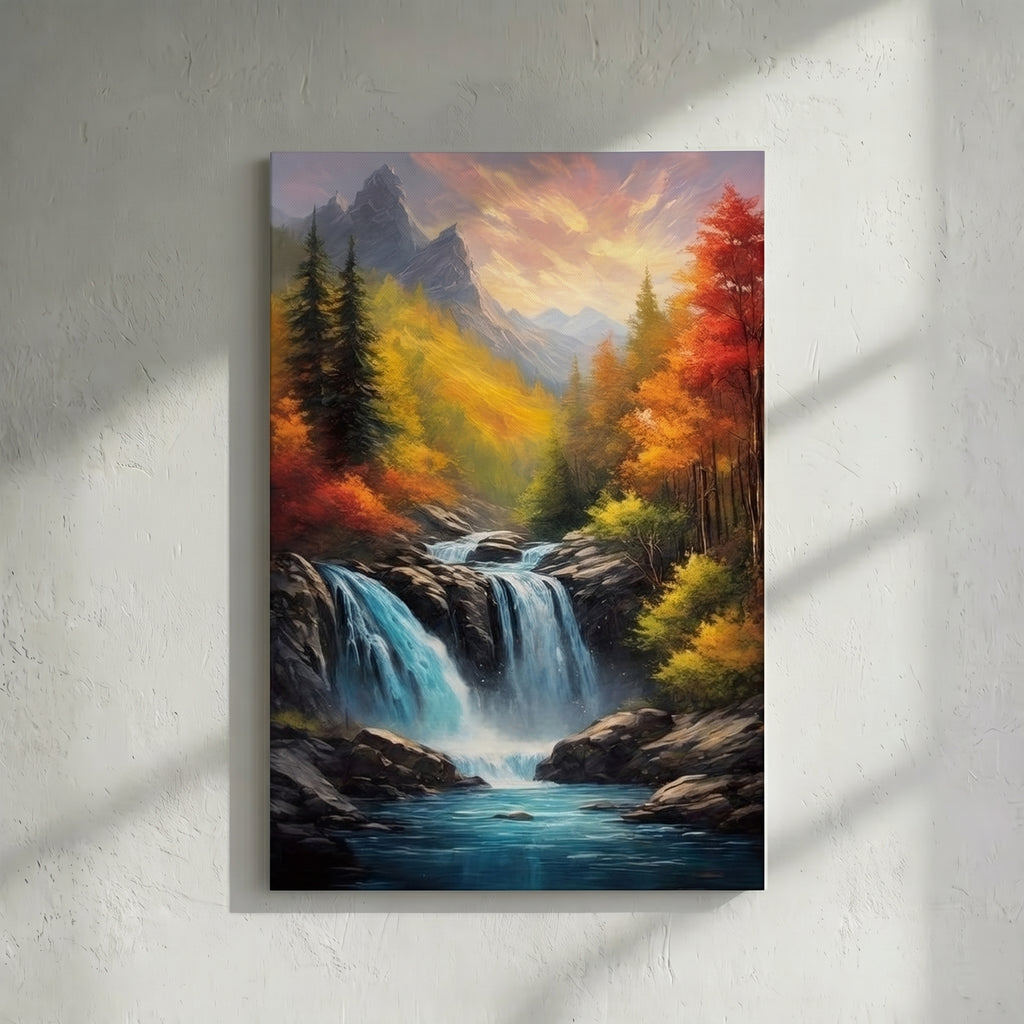 Autumn Waterfall Mountain Fiery Trees Painting