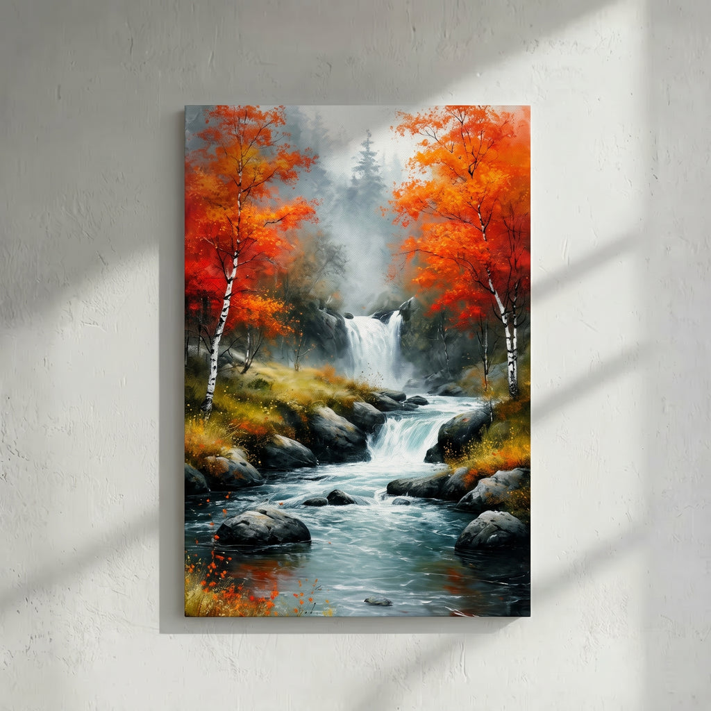 Red Orange Birch Waterfall Forest Painting