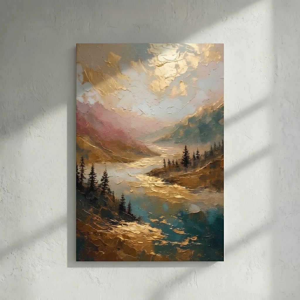 Gold Textured Mountain Lake Pine Painting