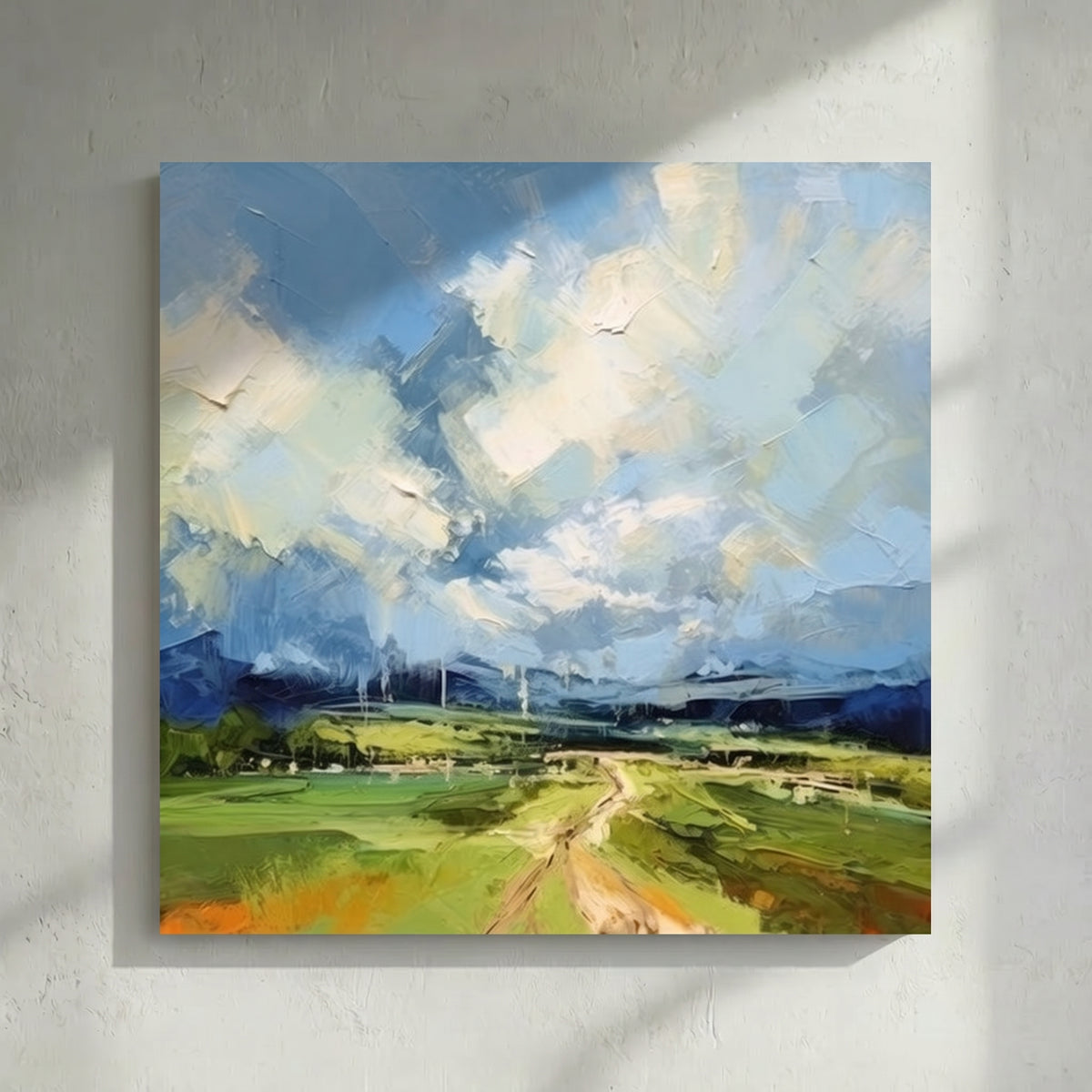 Blue Sky Green Field Open Road Painting