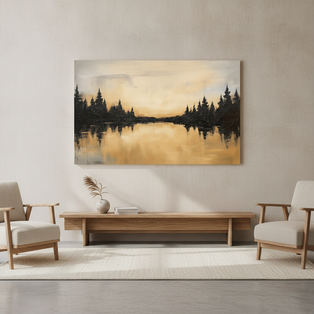 Black Gold Pine Lake Reflection Painting