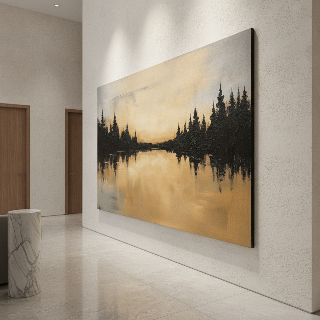 Black Gold Pine Lake Reflection Painting