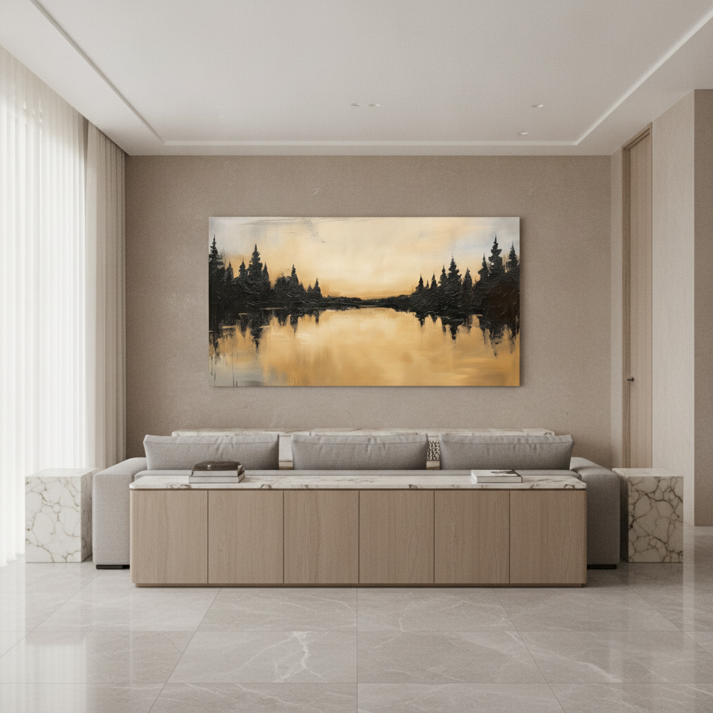 Black Gold Pine Lake Reflection Painting