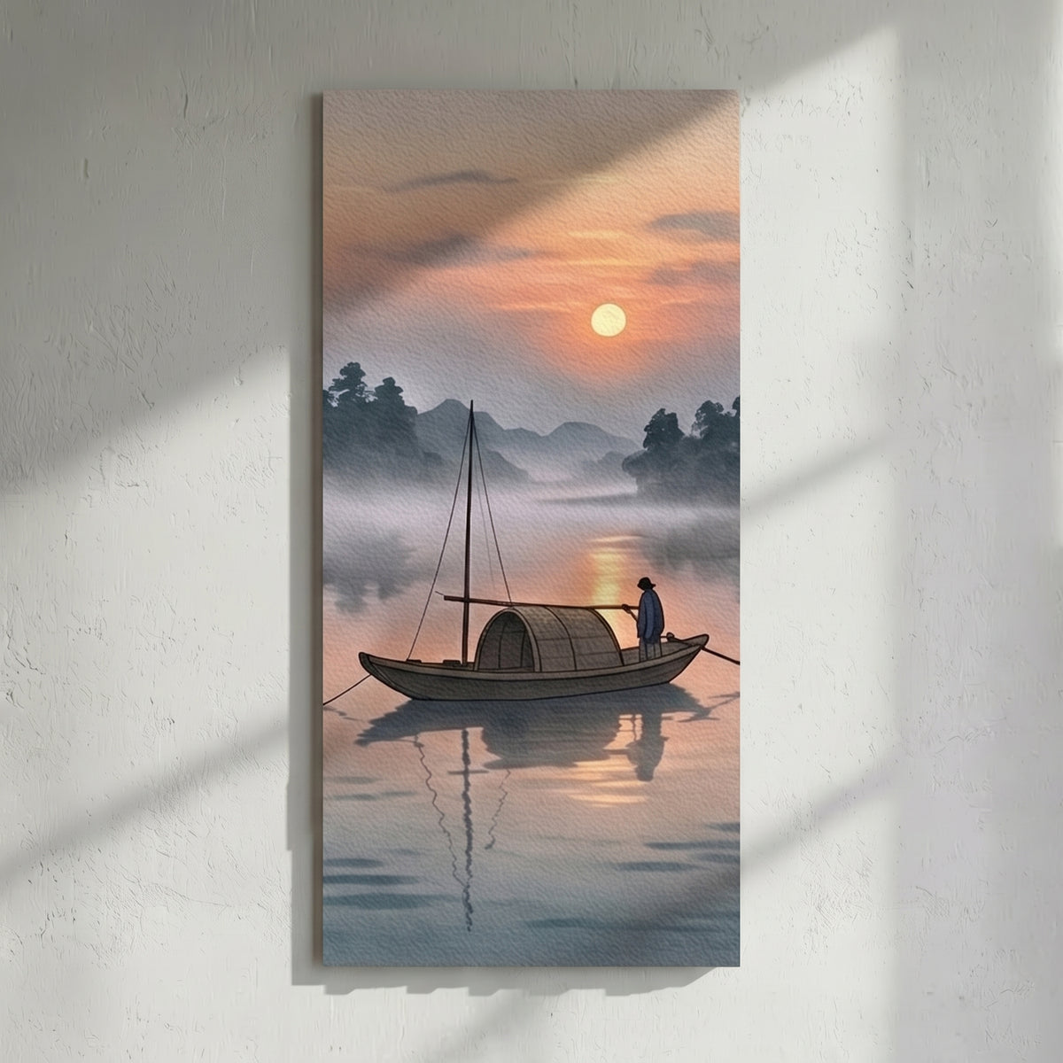 Japanese Fisherman Sunset River Painting