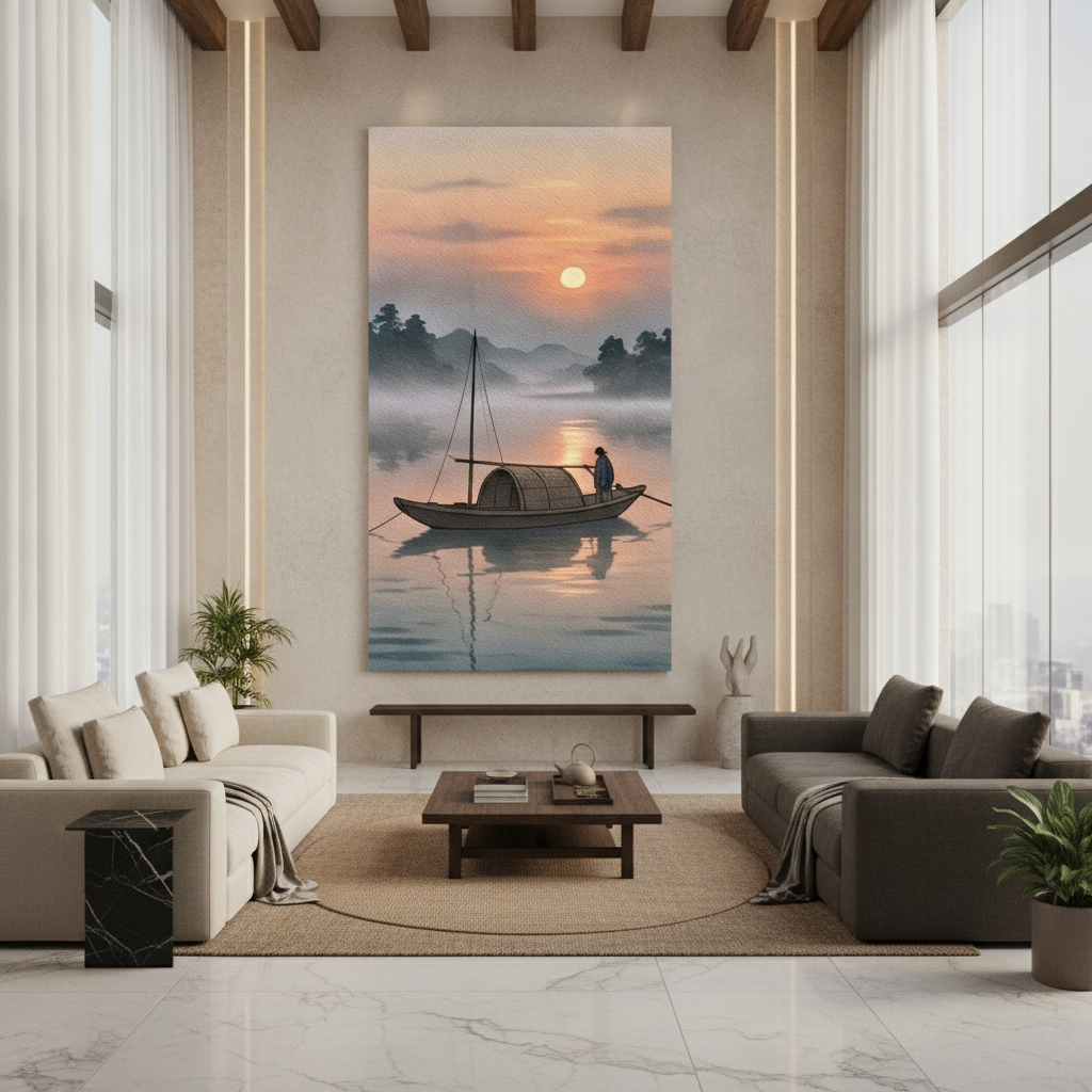 Japanese Fisherman Sunset River Painting
