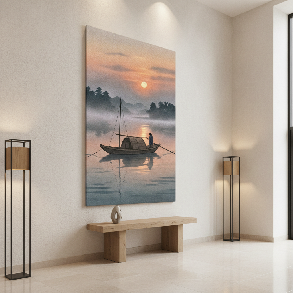 Japanese Fisherman Sunset River Painting