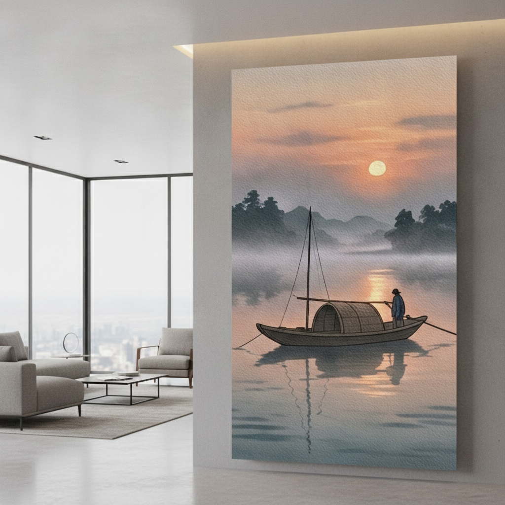 Japanese Fisherman Sunset River Painting