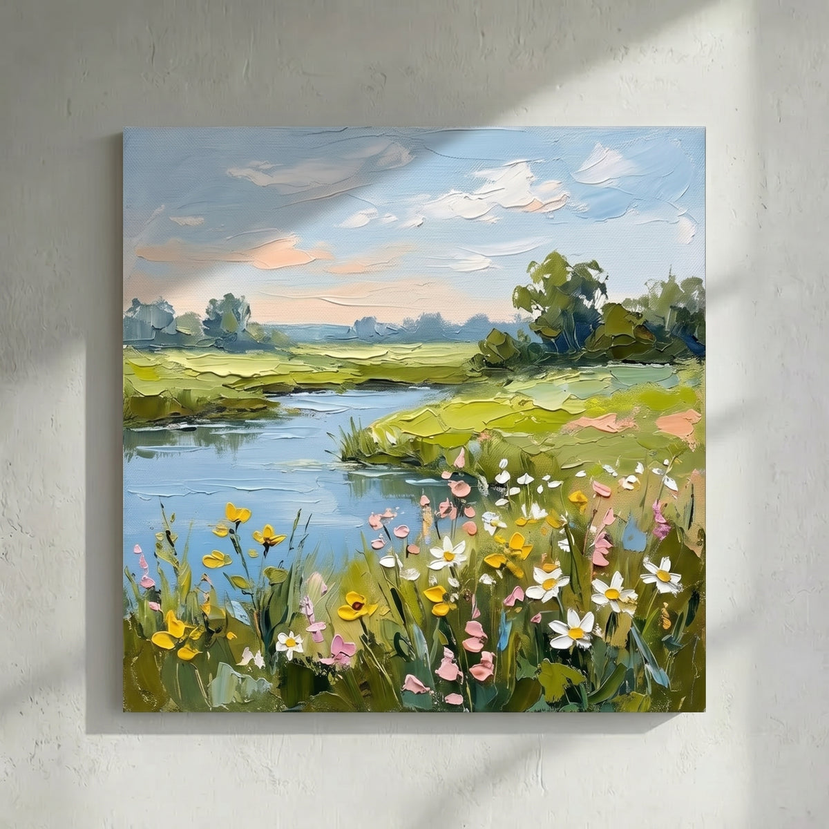 Spring Wildflower Meadow River Painting