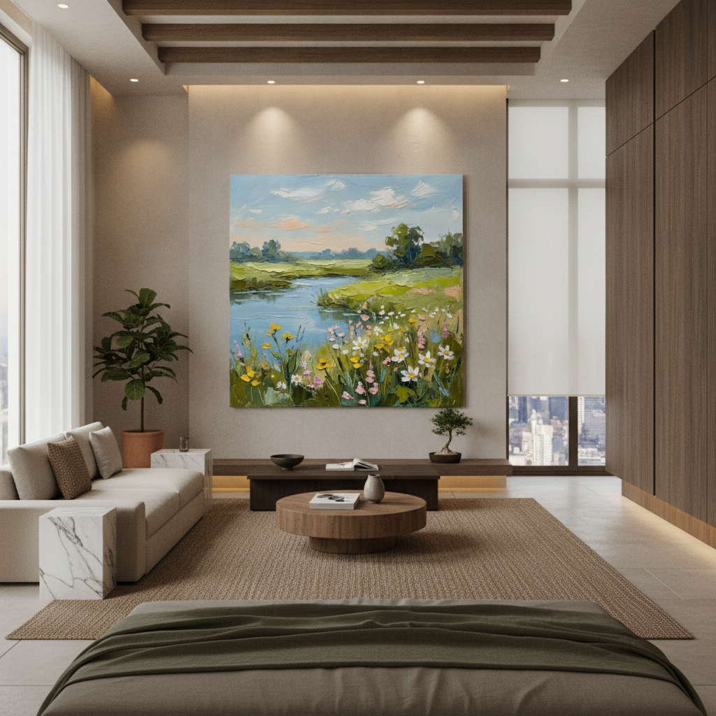 Spring Wildflower Meadow River Painting