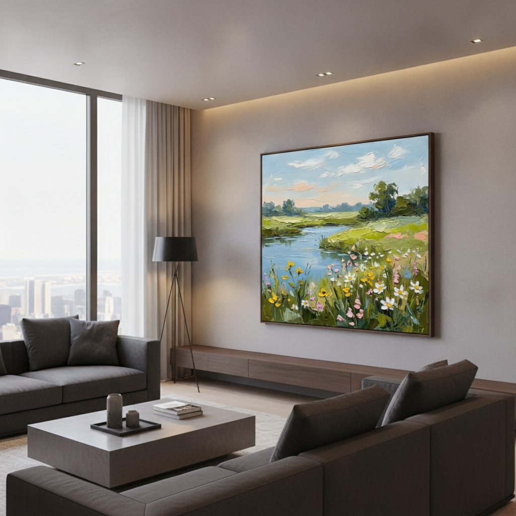 Spring Wildflower Meadow River Painting