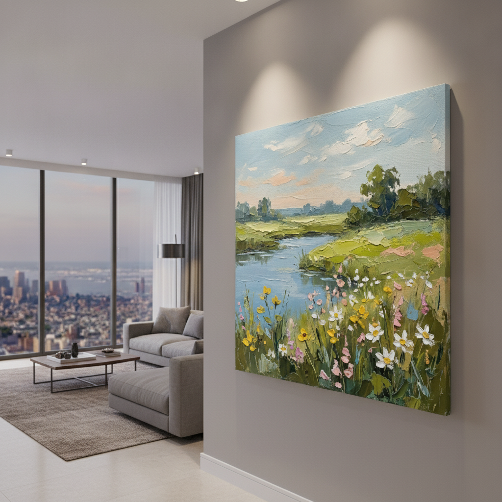 Spring Wildflower Meadow River Painting