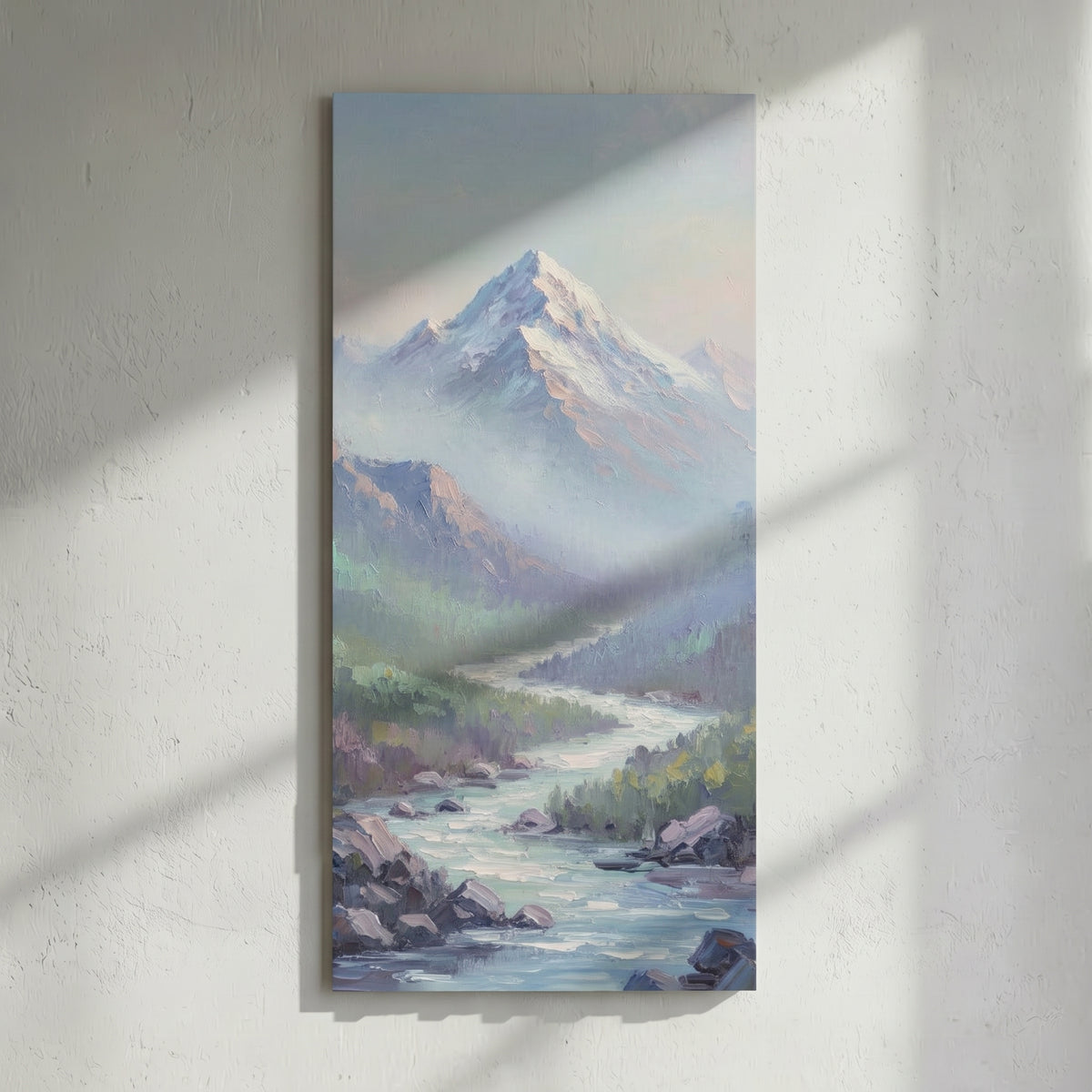 Misty Blue Mountain River Landscape Painting