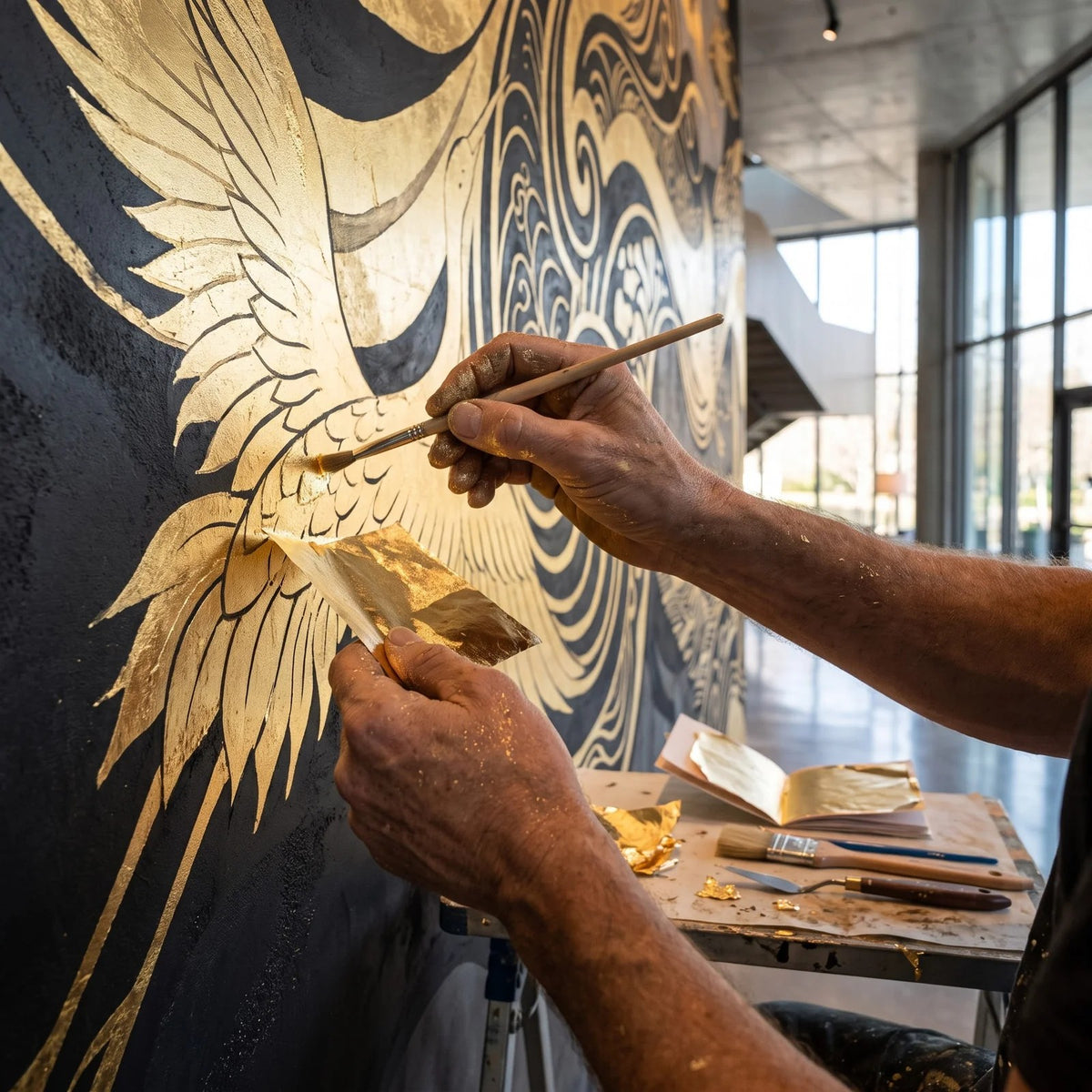 Golden Crane Mural Wall Art