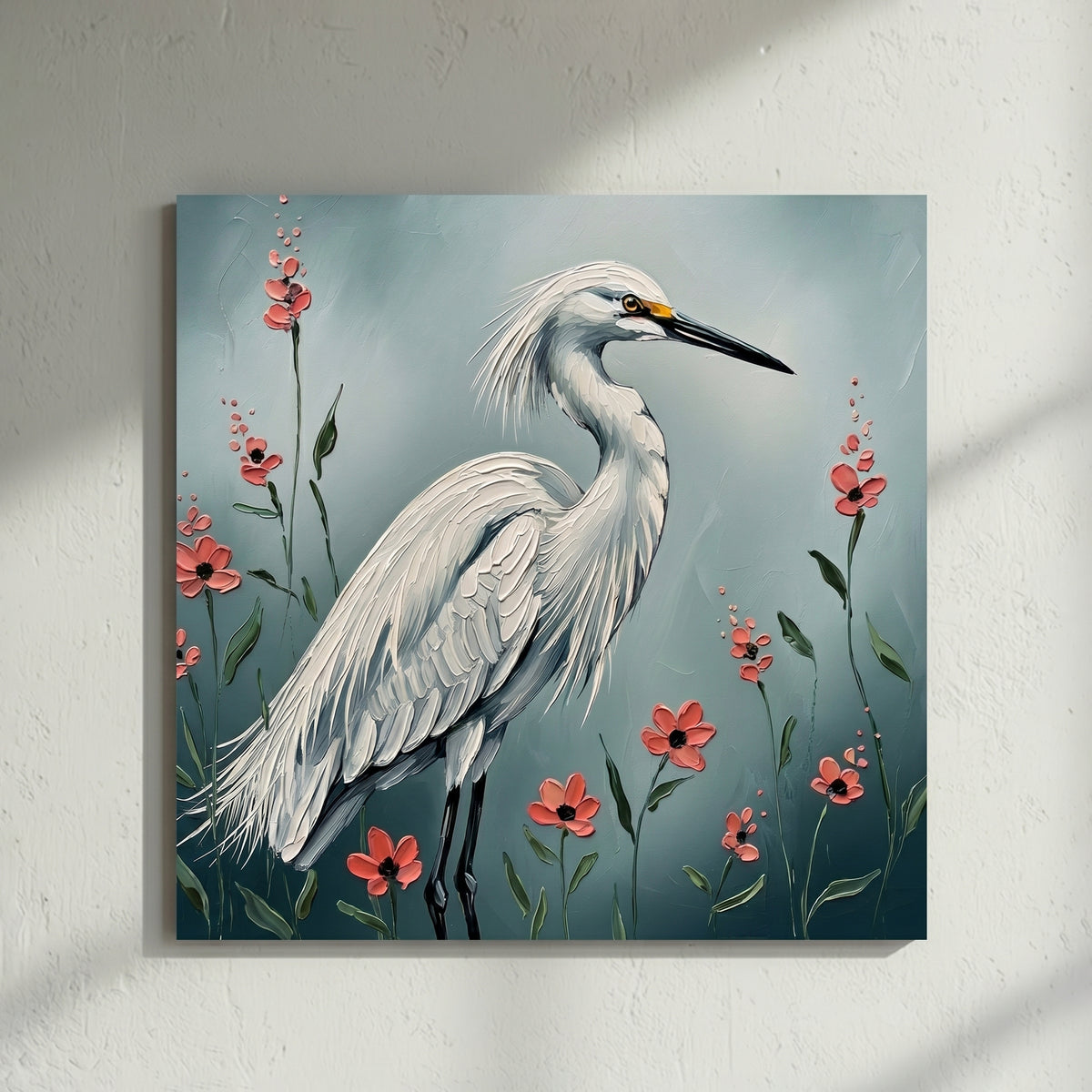 Snowy Egret Red Floral Painting