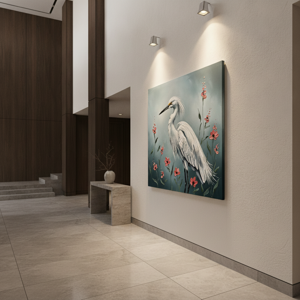 Snowy Egret Red Floral Painting