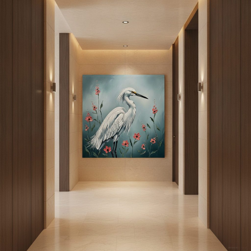 Snowy Egret Red Floral Painting