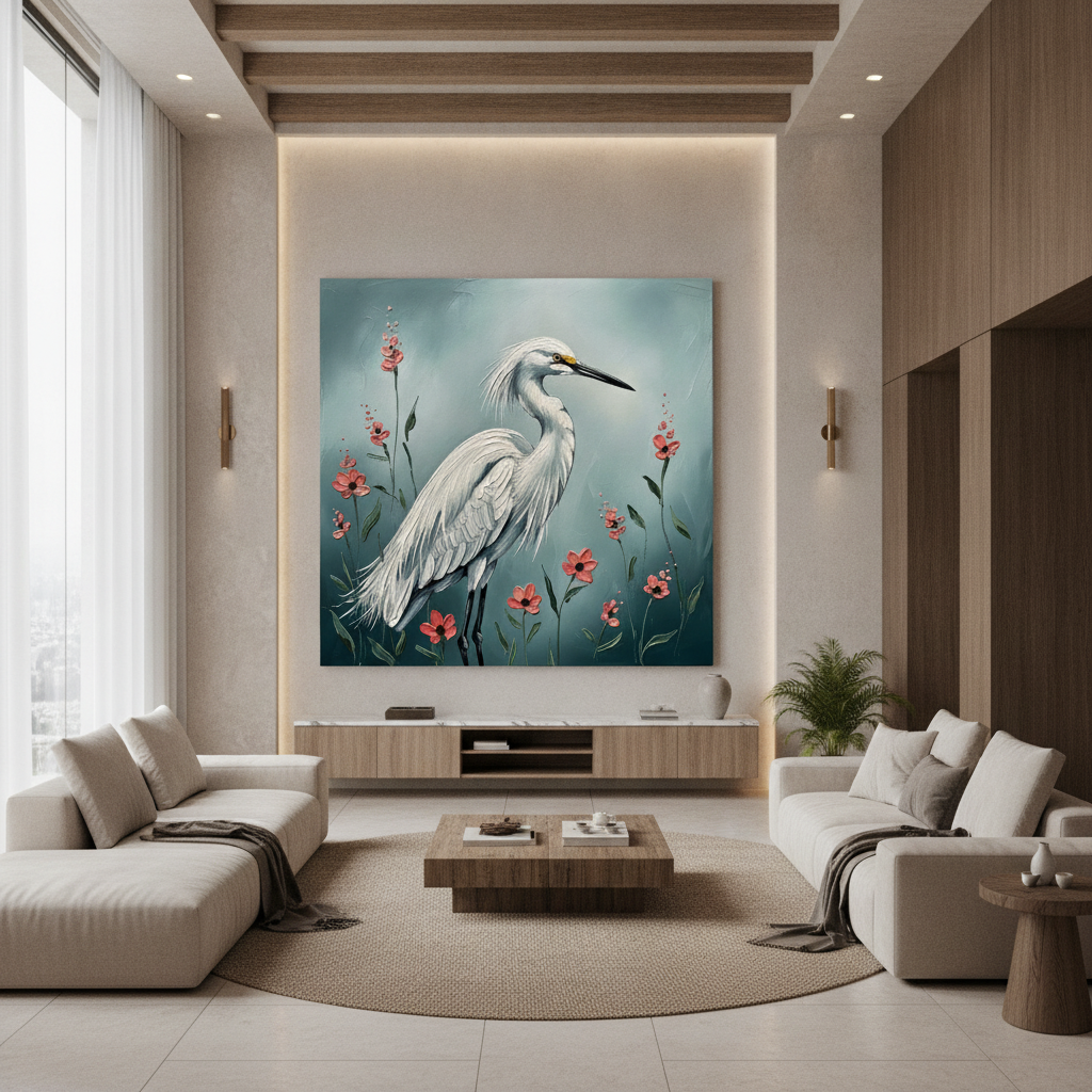 Snowy Egret Red Floral Painting