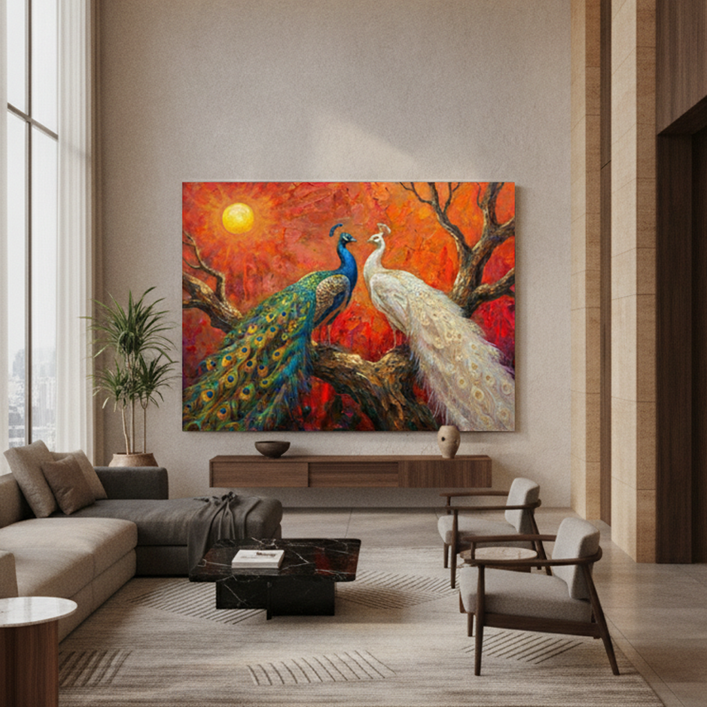 Two Peacocks Sunset Painting
