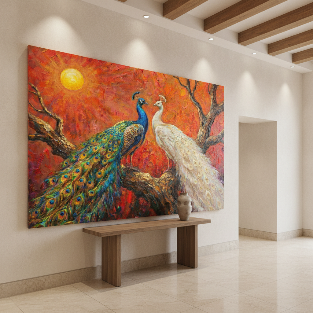 Two Peacocks Sunset Painting