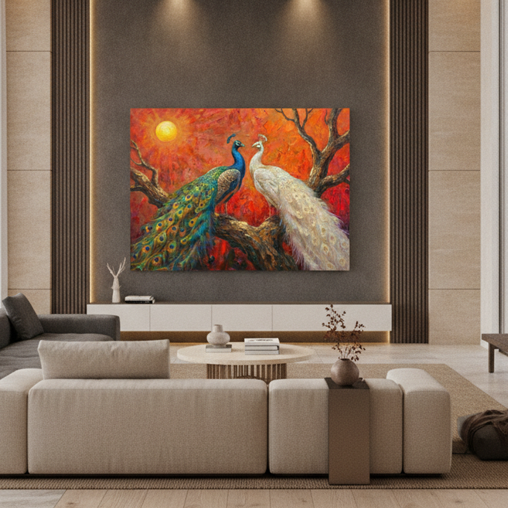 Two Peacocks Sunset Painting