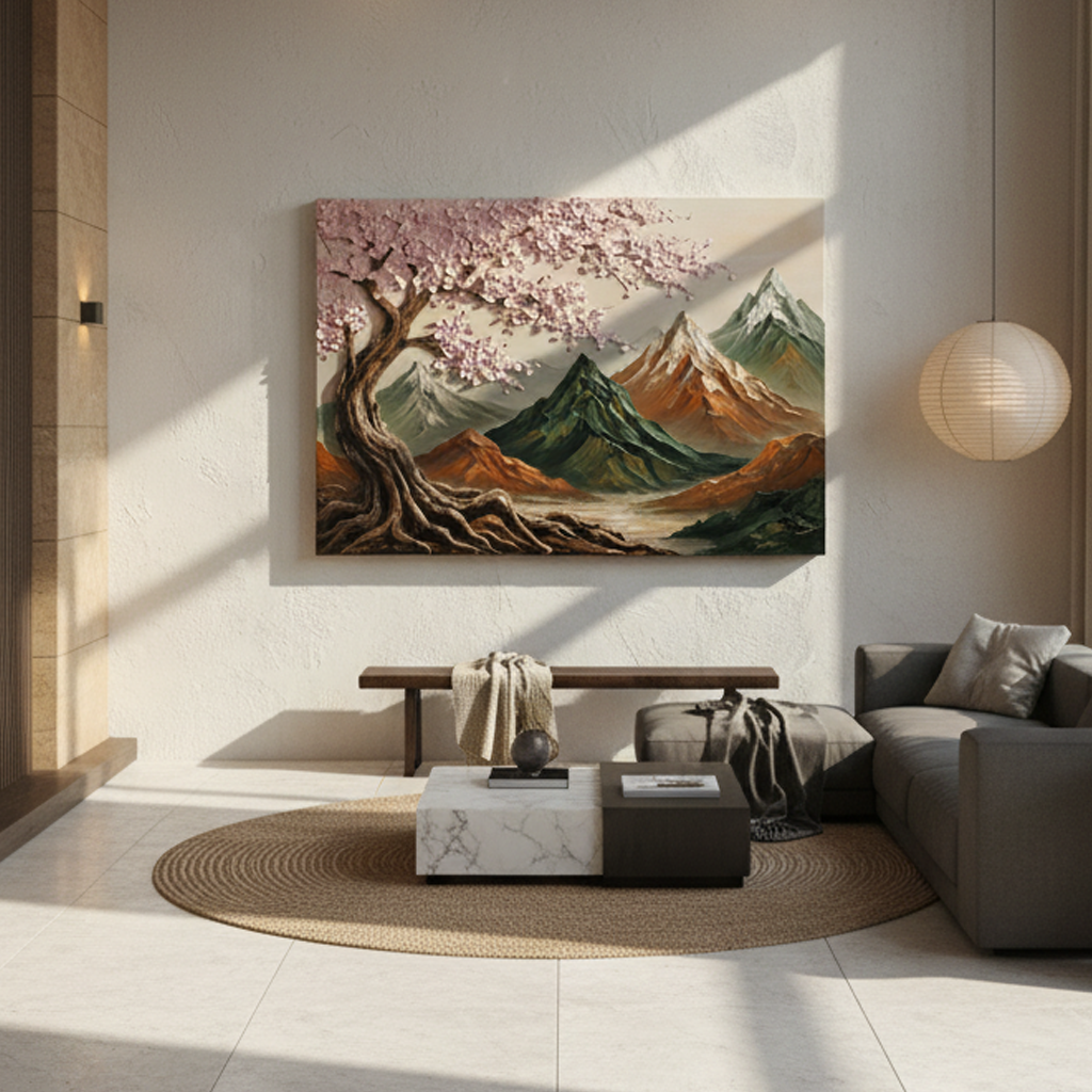 Cherry Blossom Mountain Landscape Bold Texture