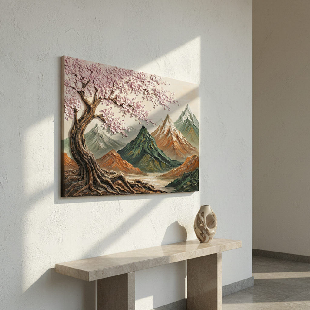 Cherry Blossom Mountain Landscape Bold Texture