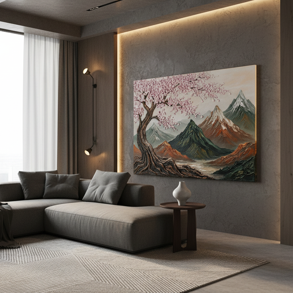 Cherry Blossom Mountain Landscape Bold Texture