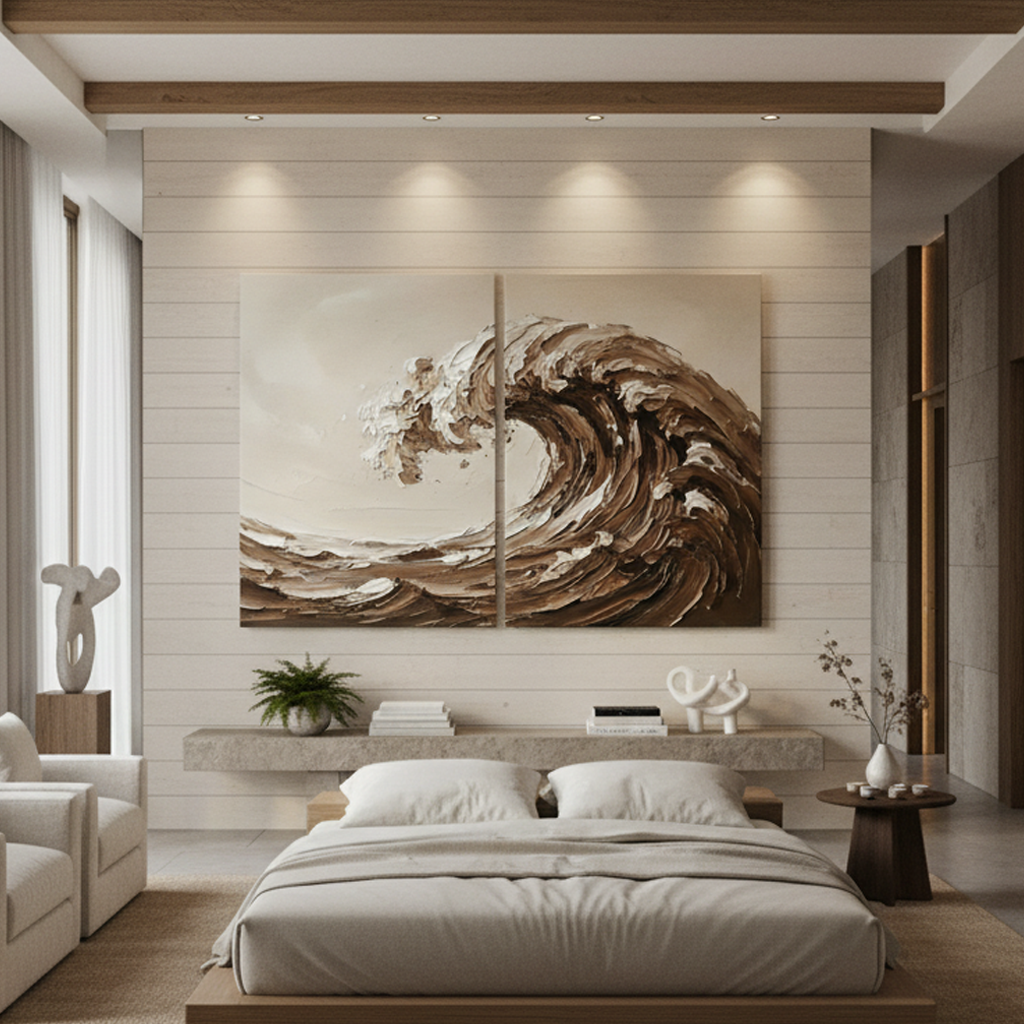 Brown Cream Ocean Wave Diptych Bold Texture