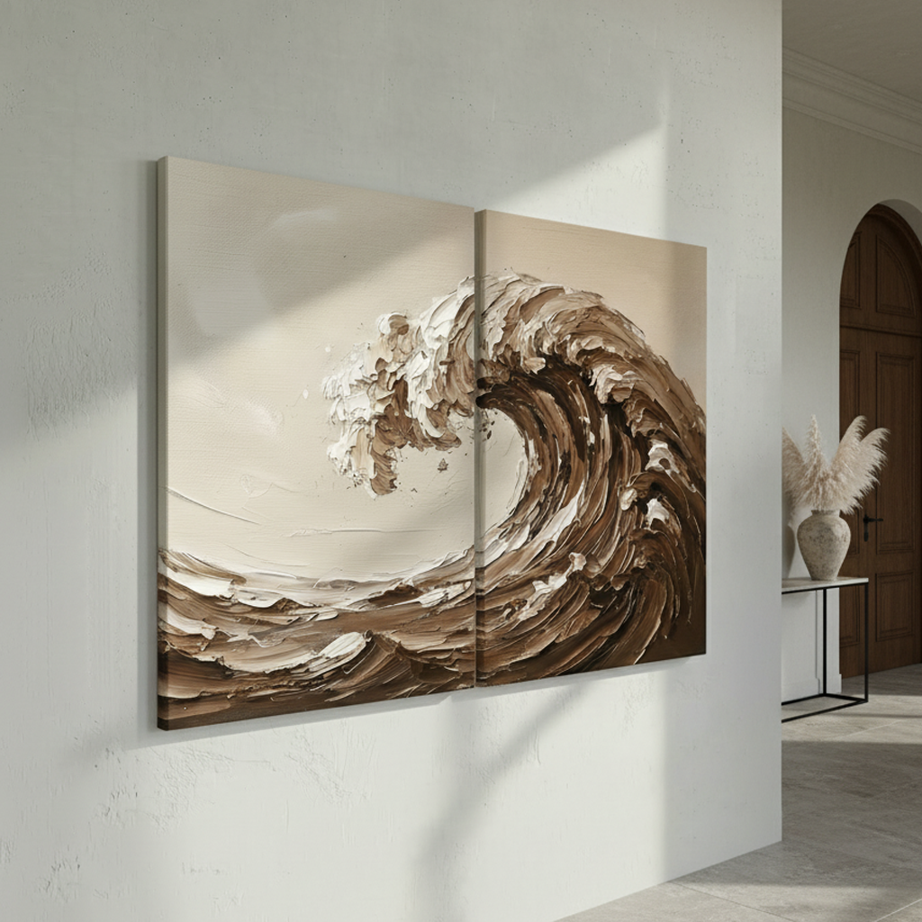 Brown Cream Ocean Wave Diptych Bold Texture
