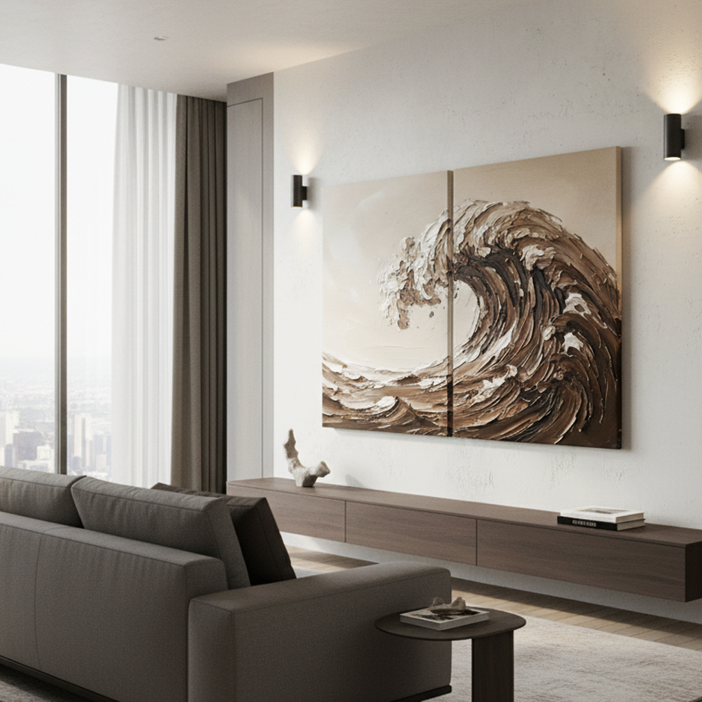 Brown Cream Ocean Wave Diptych Bold Texture