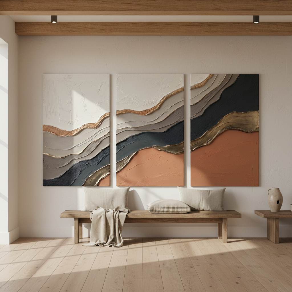 Terracotta Navy Gold Triptych Bold Texture