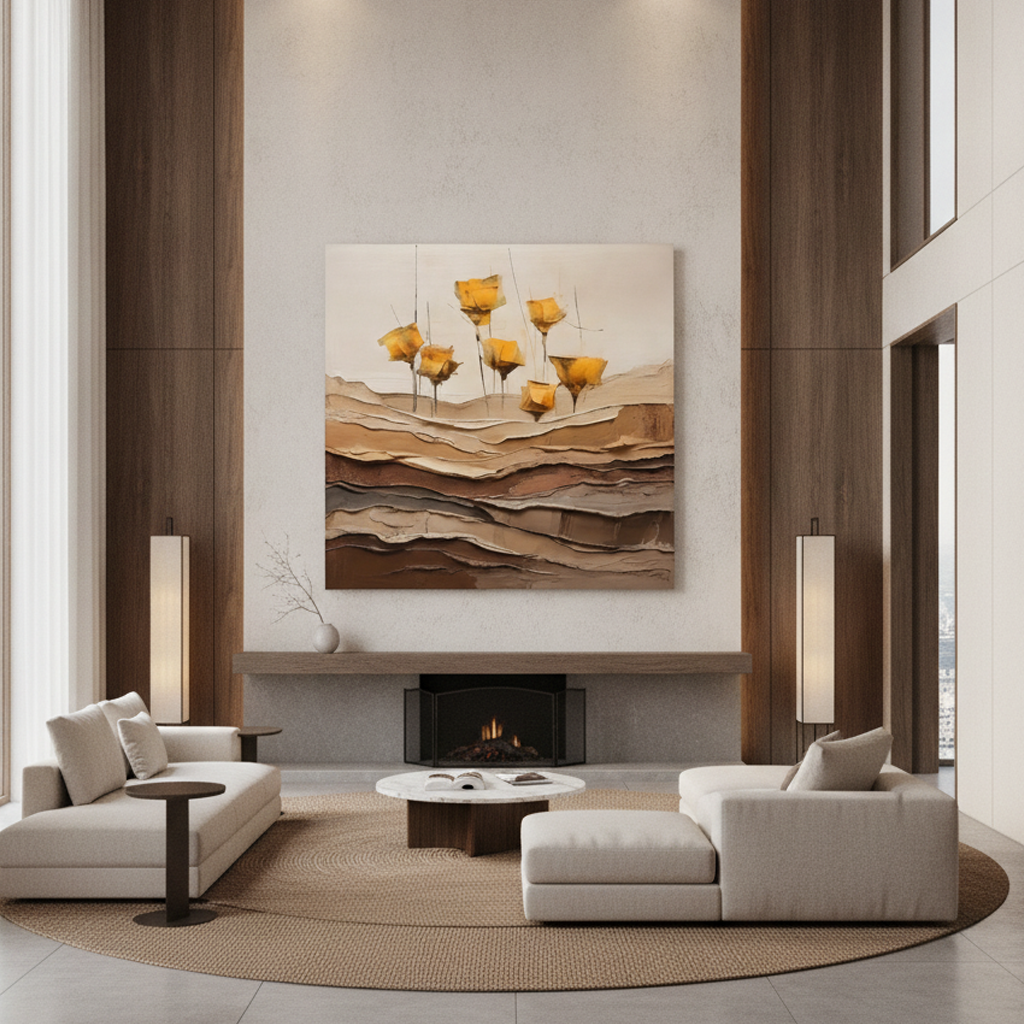 Golden Abstract Flower Painting