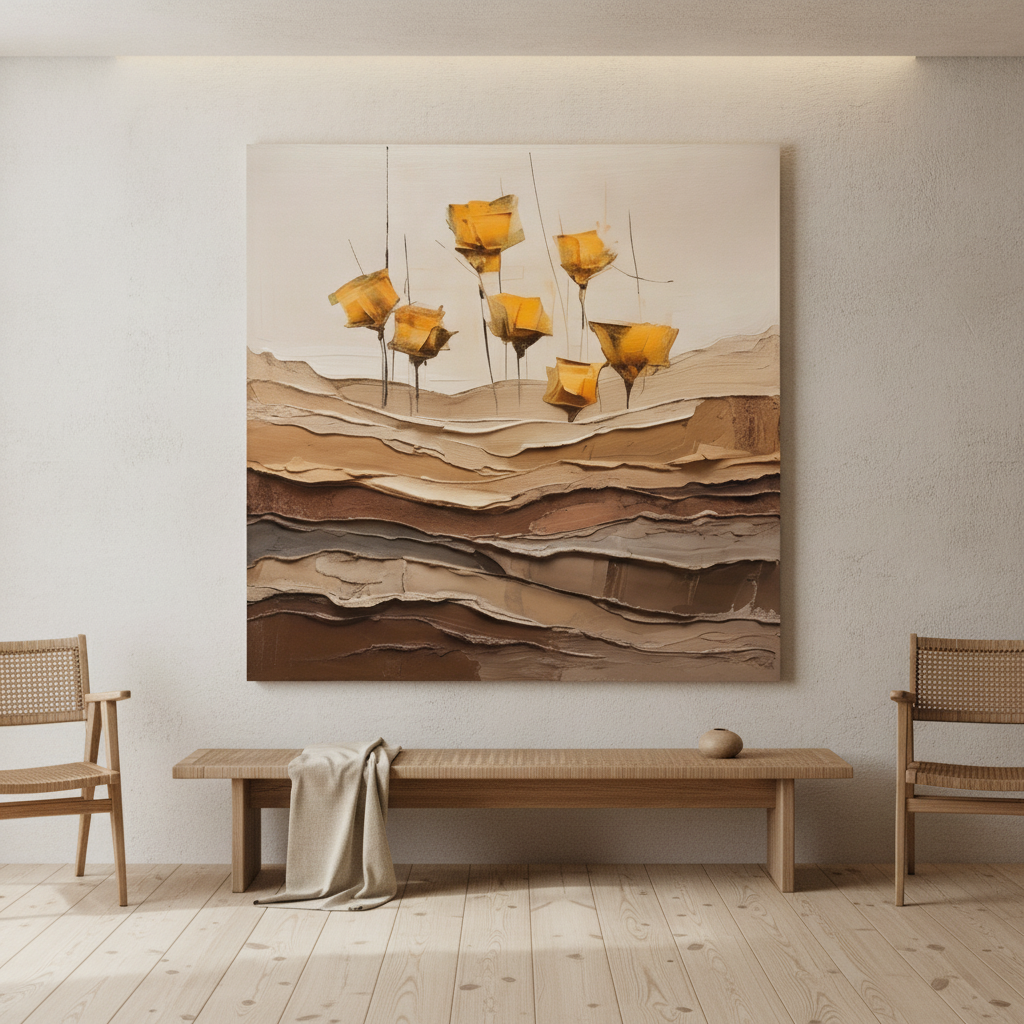 Golden Abstract Flower Painting