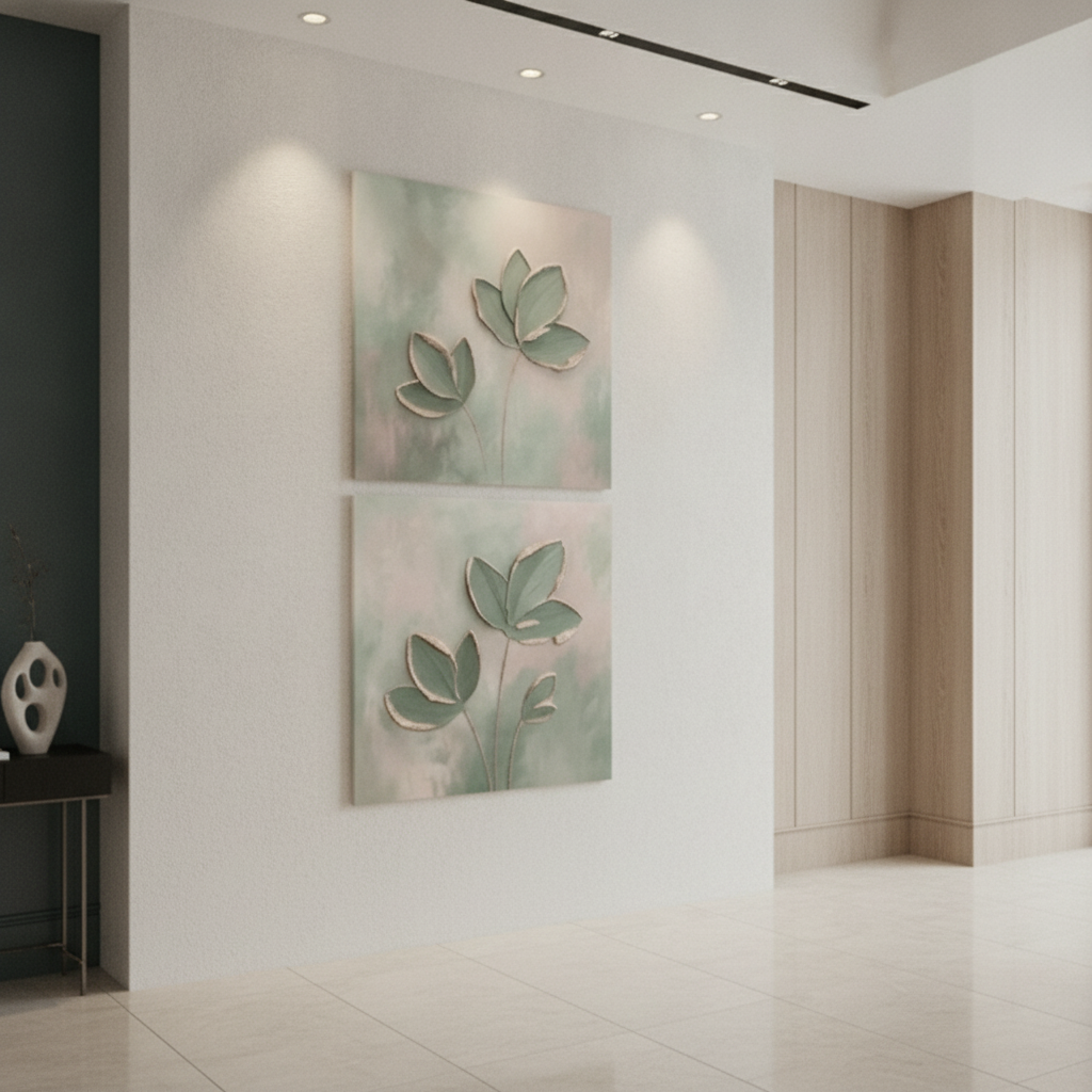Sage Green Lotus Diptych Painting