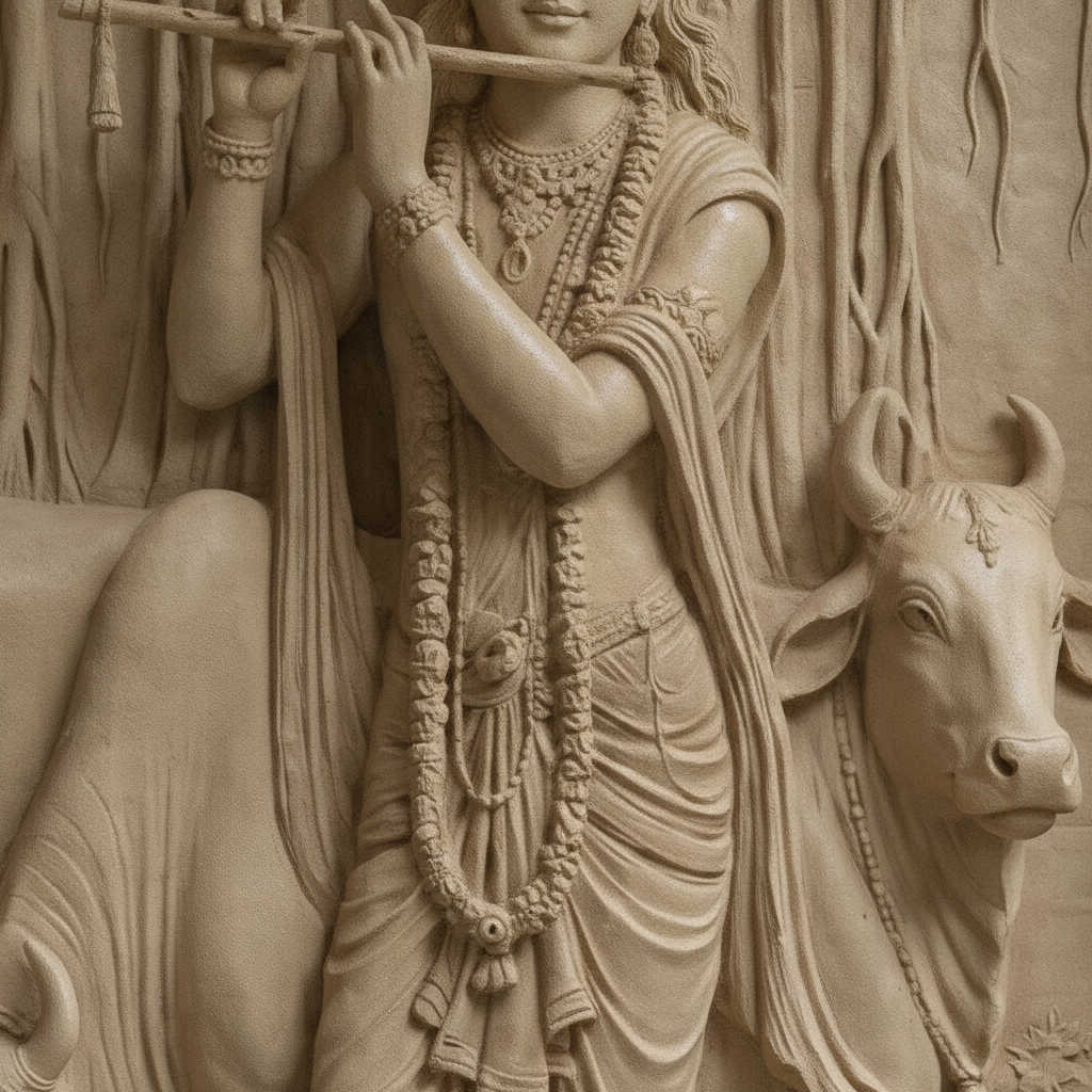 Krishna Flute & Cows Banyan 3D Relief Art