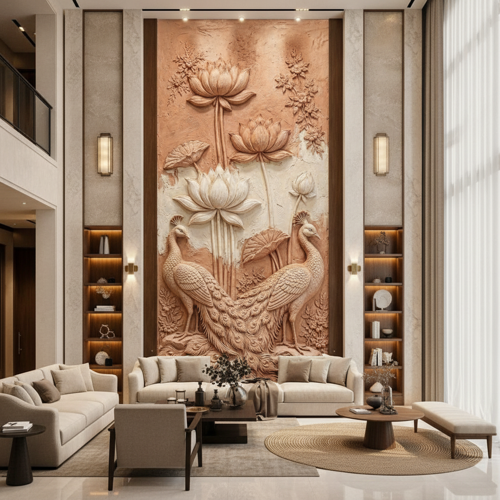 Terracotta Peacock & Lotus 3D Relief Art