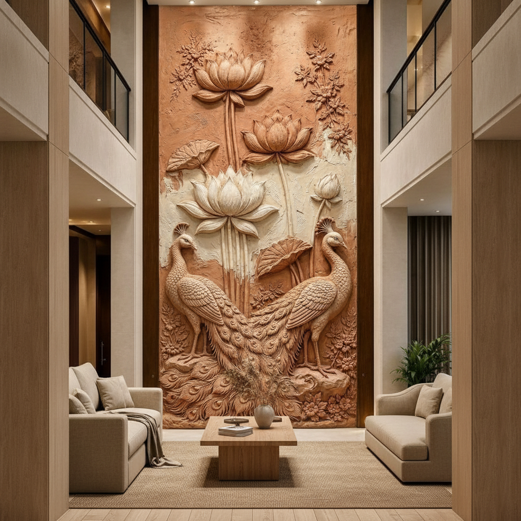 Terracotta Peacock & Lotus 3D Relief Art