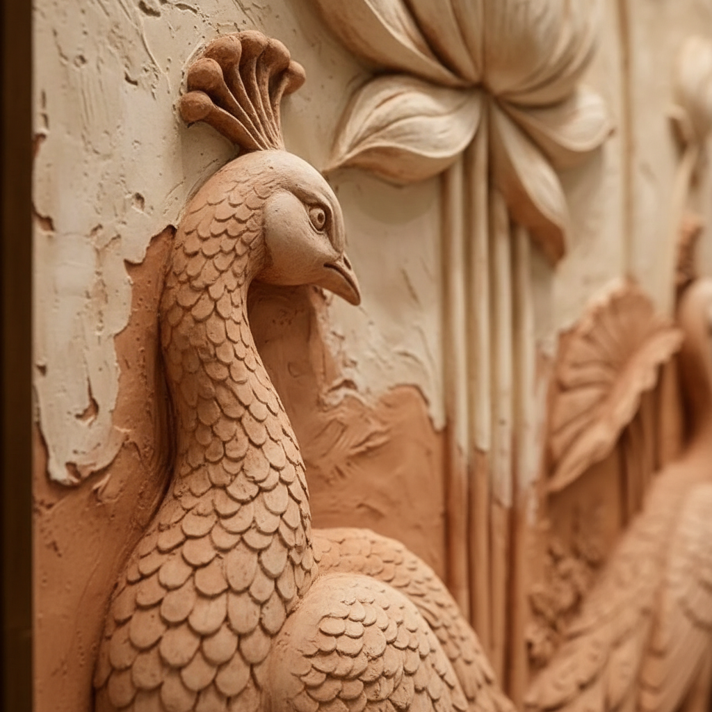Terracotta Peacock & Lotus 3D Relief Art