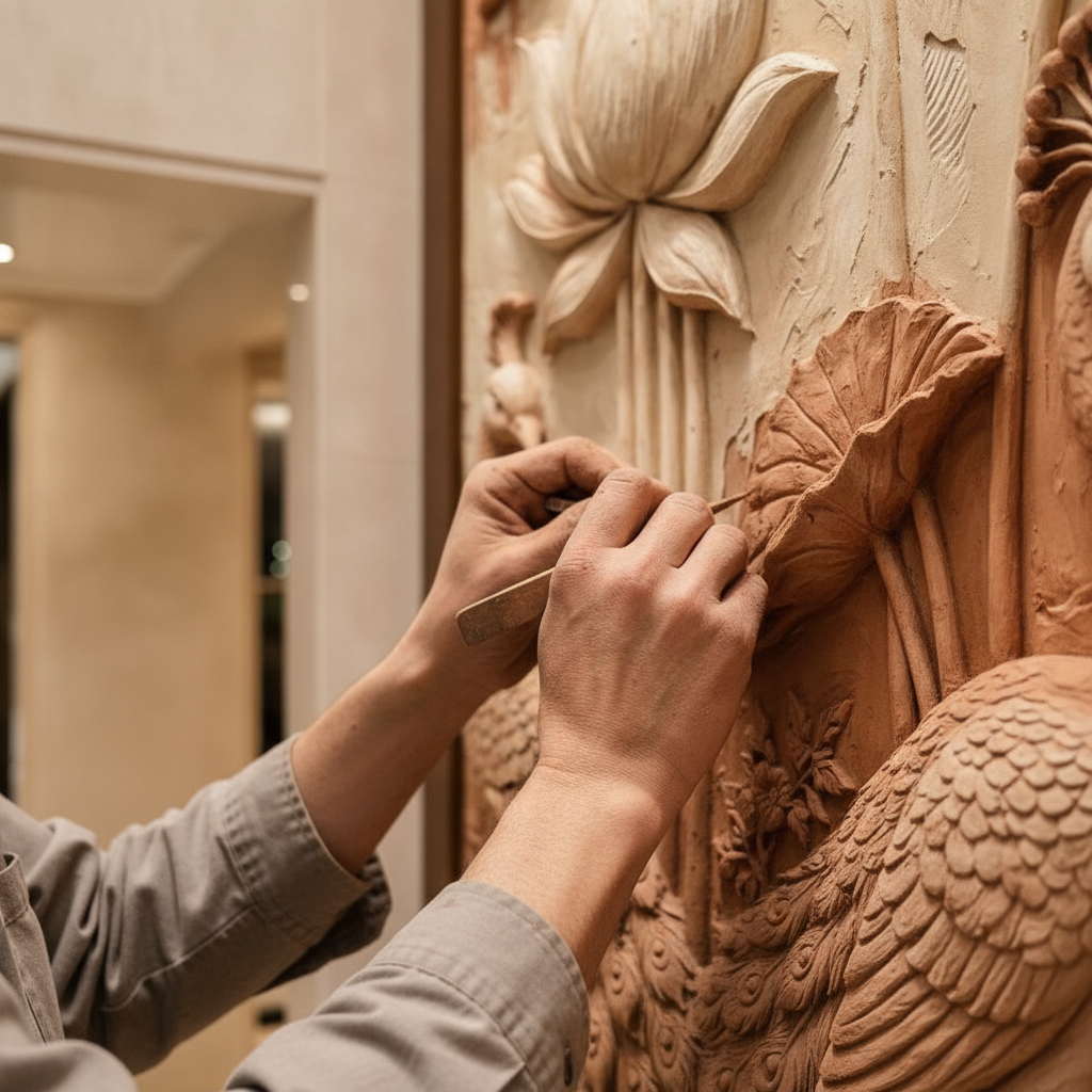 Terracotta Peacock & Lotus 3D Relief Art