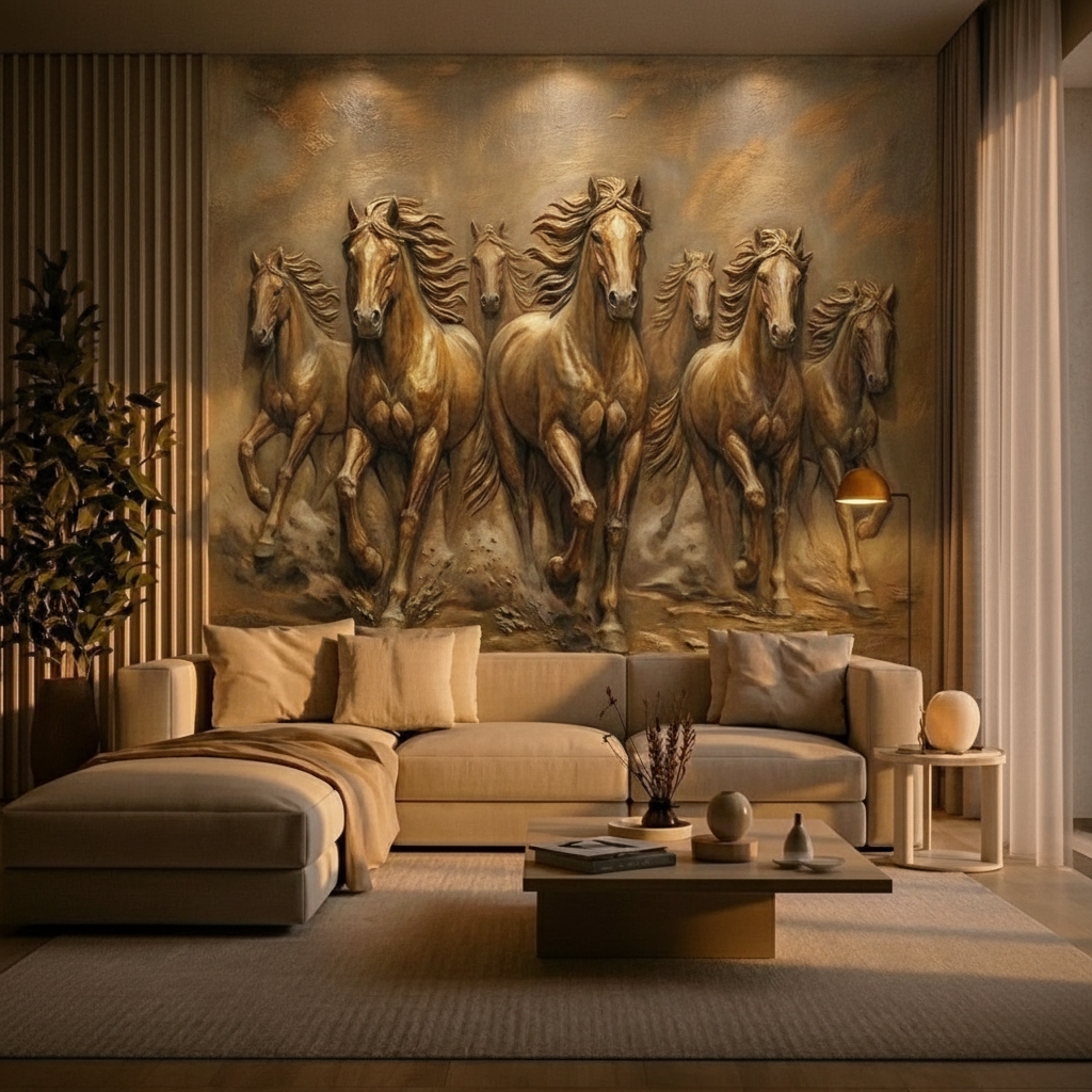 Seven Running Horses Bronze 3D Relief Art